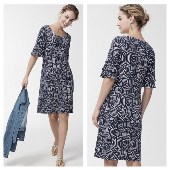 Chico's Dresses & Skirts - Chico's Bali Geos Navy Layered Flared Sleeve Modern Print Stretchy Knee Dress